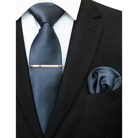 Men's Charcoal Colour Formal Necktie and Pocket Square Tie Clip Sets - Picture 2 of 3